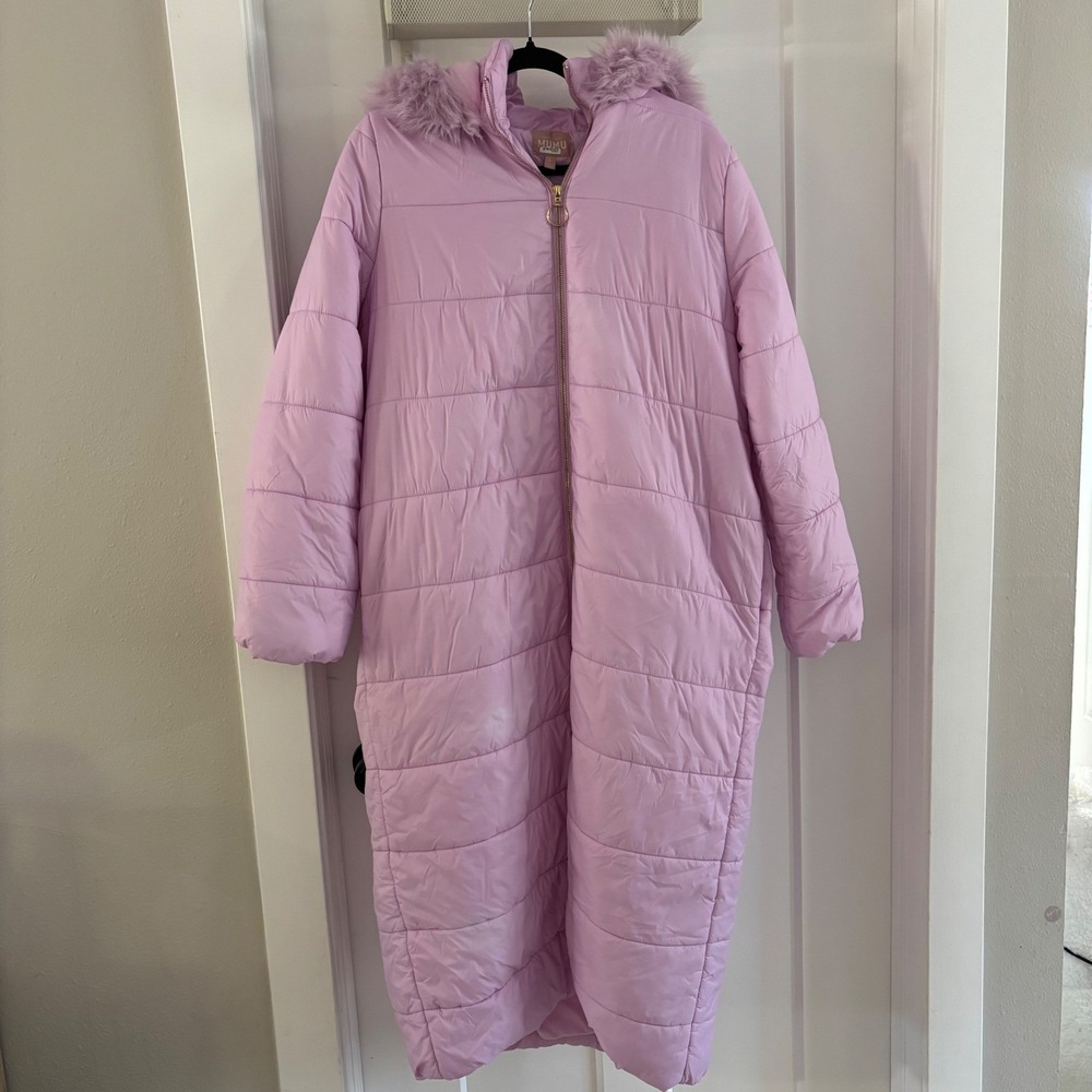 Show Me Your Mumu Snowmass Puffer Jacket Maxi Long Pink Fur Hood Women's Large